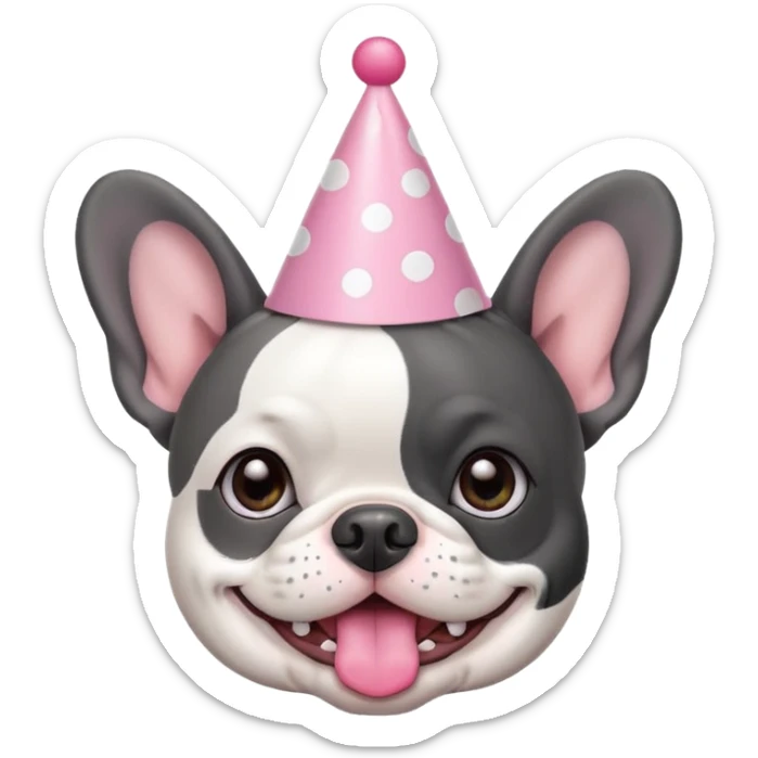 french bulldog with a birthday hat and black and white and grey coloring. please make it emoji style please. also please make the dog have a pink hat sticker