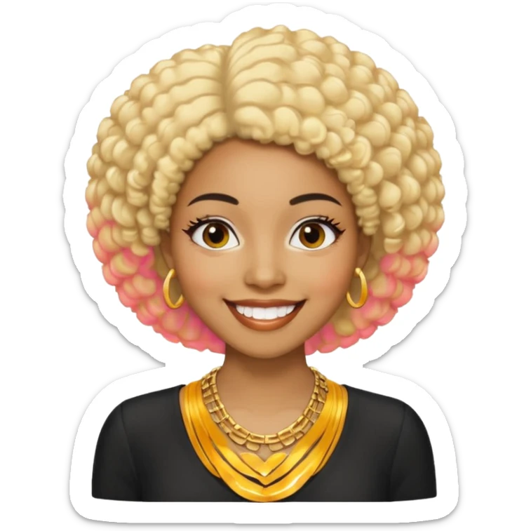 Black woman, short black afro, blonde hair clip, thin necklace, big smile, looks 30, professional event manager sticker