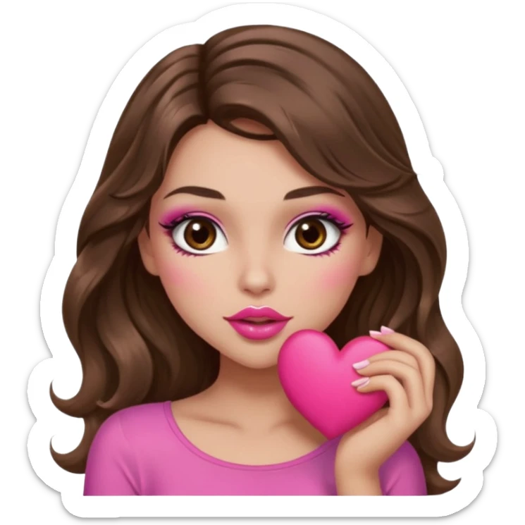 girl with long wavy brown hair, brown eyes, long lashes makeup, sexy pink lips, light to medium complexion, wearing a pink sexy top, sexy , puckering, blushing, kissing a heart sexy sticker