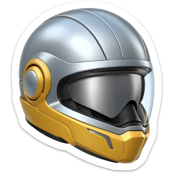 A futuristic helmet emoji made of silver chrome, smooth aerodynamic shape, minimal visor detail, reflective metallic surface, sci-fi aesthetic, iOS emoji style, centered on clean white background sticker