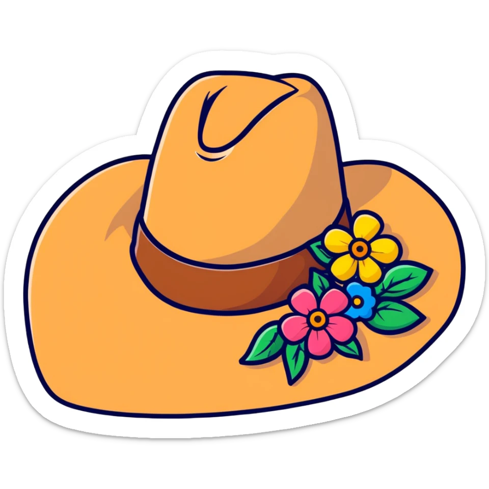 Cowgirl hat with wildflowers, colorful floral arrangement on a tan cowboy hat sticker