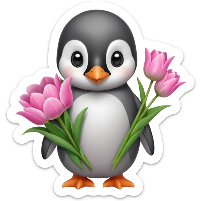 Cute baby penguin holding flower bouquet wraped in white paper and all flowers tulips in pink colour sticker
