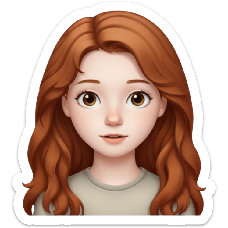 18-year-old girl with pale skin, lots of dark freckles, rosy cheeks, and long straight/wavy light brown hair. sticker
