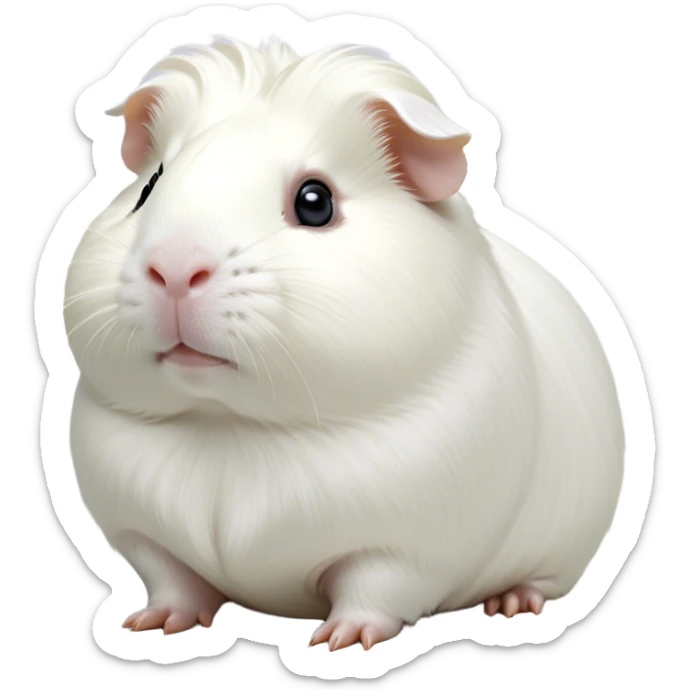 Cinematic Noble White Guinea Pig Portrait Emoji, Poised and regal, with a compact, chubby build and a pristine, well-groomed pure white coat, deep-set soulful dark eyes, Simplified yet sharp and sophisticated features, highly detailed, glowing with a soft, dignified glow, high shine, intelligent and sweet, stylized with an air of gentle purity, focused and attentive, soft glowing outline, capturing the essence of a watchful and confident little companion, so majestic it feels as though it could scurry out of the screen with effortless authority! sticker