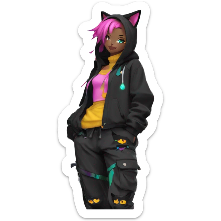 Edgy Anthro cool shy colorful urban beautiful pretty anime Black cat-Pokémon techwear cargo pants hoodie sticker