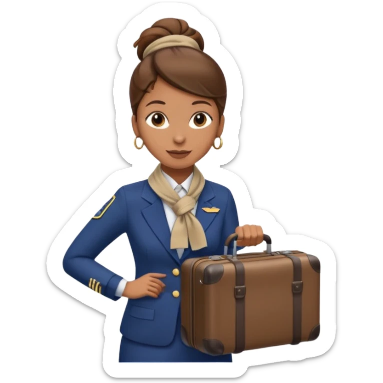 flight attendant, Light Brown skin, brown hair in single bun, neck scarf, suitcase sticker