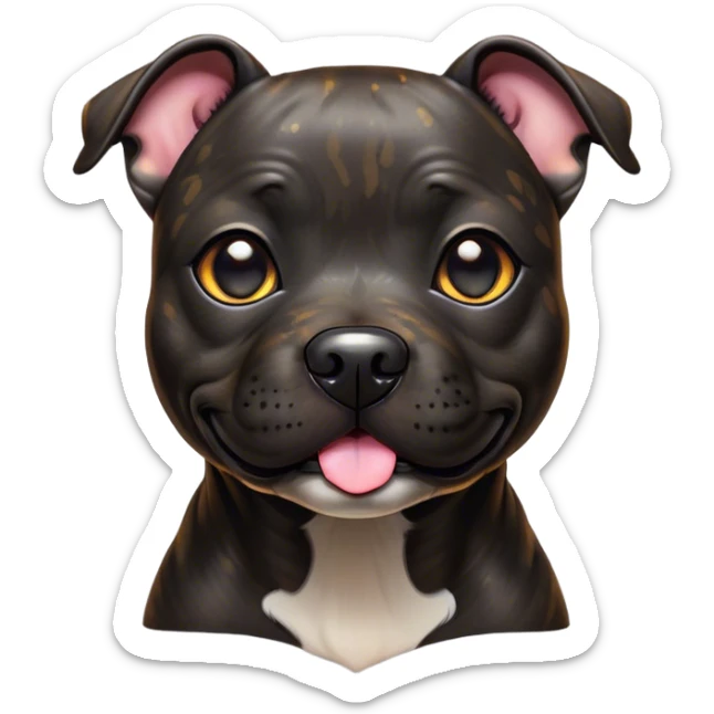Cinematic Cute Black/Brindle Staffordshire Bull Terrier Portrait Emoji, Head tilted playfully and inquisitively, featuring a glossy Fur with a dynamic mix of black and brindle, round, sparkling dark eyes filled with curiosity, Simplified yet irresistibly adorable features, highly detailed, glowing with a warm, friendly glow, high shine, affectionate and spirited, stylized with a touch of whimsy, bright and endearing, soft glowing outline, capturing the essence of a mischievous yet loving pup, so playful it feels like it could bound out of the screen and into your arms! sticker