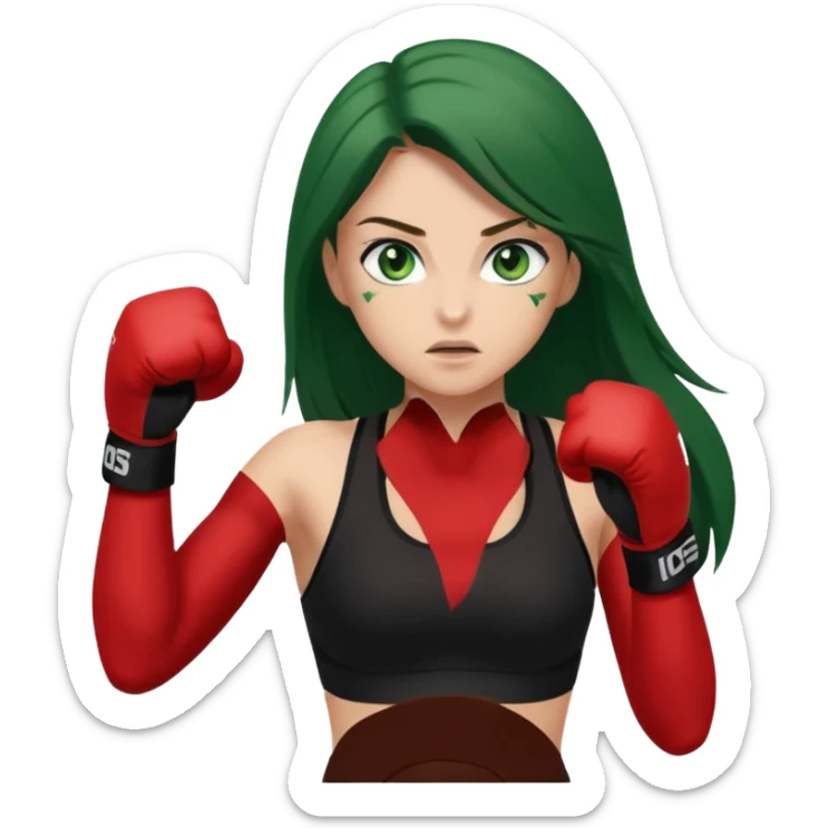 Girl emoji with green eyes and long brown hair, black sports bra throwing a punch  sticker