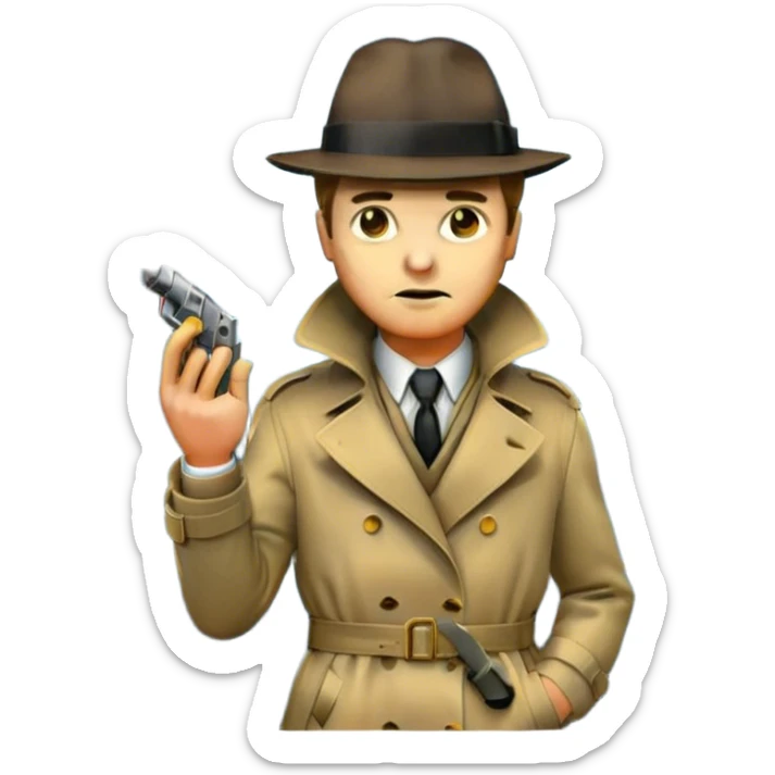 Vintage detective movie poster-style emoji. A classic noir scene with a detective in a trench coat and fedora,crime scene tape, and a smoking gun. A shadowy cityscape in the background with dim streetlights and fog. Dramatic lighting and a retro cinematic feel. Transparent background. sticker