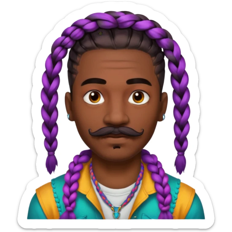 big lose braids starting from the top of the head man with mustache face wiith big visible braids and lots and lots of face tattoos colored tattoos like a tattoo artist hair unique color sticker