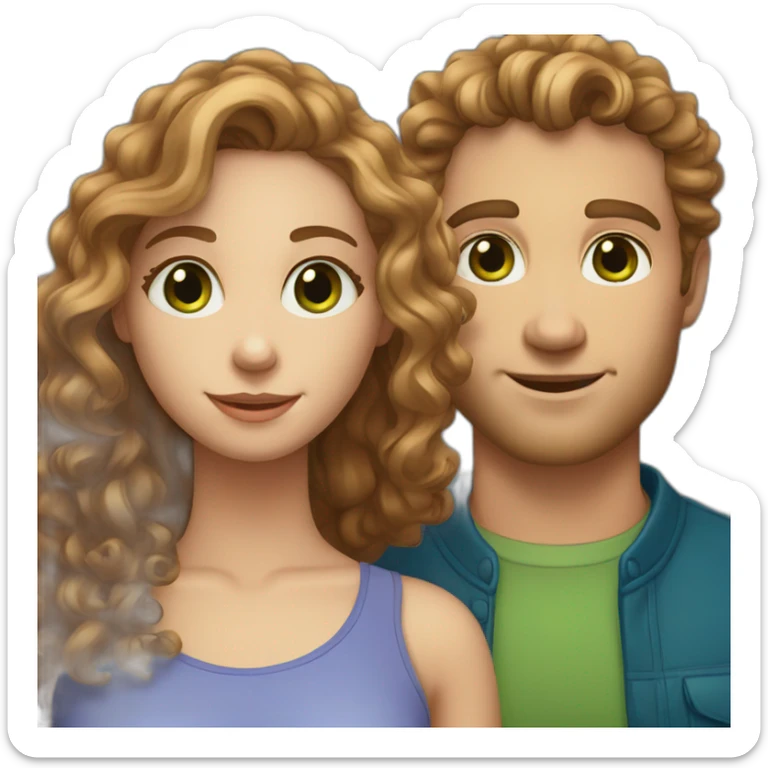 Couple. beautiful girl with light brown long curly hair and green eyes. Handsome white man with brown curly hair and BLUE eyes sticker