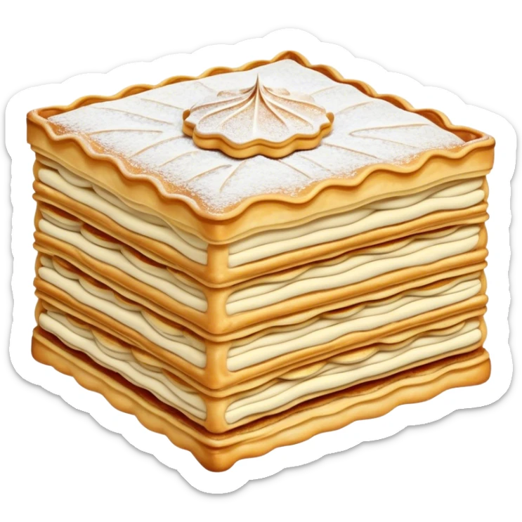 Cinematic Realistic Mille-Feuille Dessert Emoji, depicted as layered puff pastry with rich cream and a dusting of powdered sugar rendered with intricate textures and elegant, soft lighting. sticker