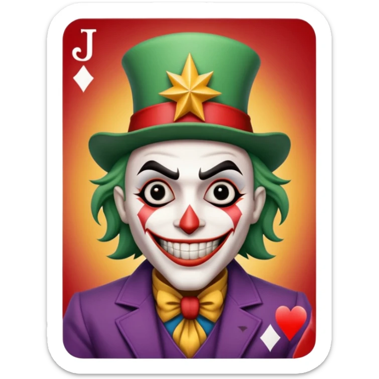 1 poker card, perfectly squared card, with crazy colorful human jolly joker inside, magic star symbol with a "J" sticker