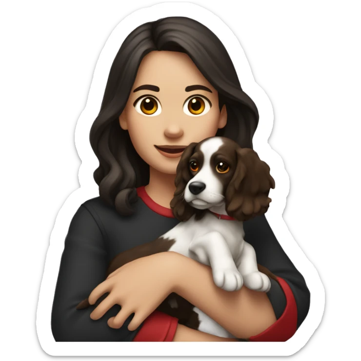 a brunette girl with a square holds a spaniel dog in her arms, color black with red sticker