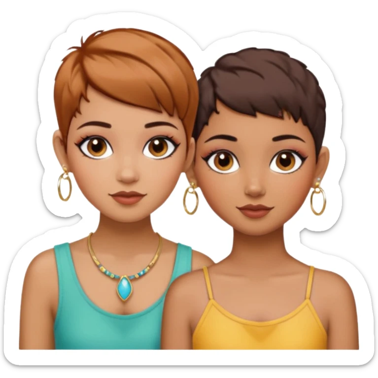 Puerto Rican fair skin straight brown pixie cut hair with hoop earrings make up and my best friend caramel colored pixie cut with jewelry and makeup on her face besties side-by-side sticker