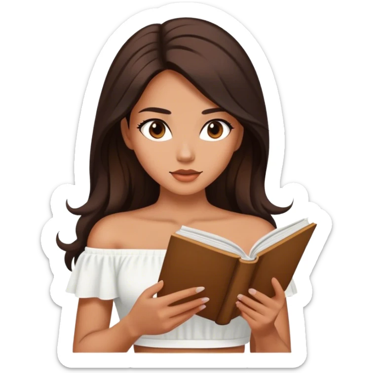 Beautiful woman in 1950’s woman fashion look, off-shoulder white shirts crop top, long dark brown hair, reading sticker