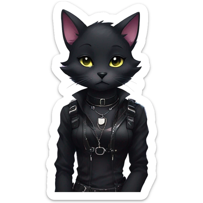 Gorgeous furry dark punk techwear anime style anthro black cat fursona with blushing face aesthetic and pretty edgy black with collar and harness trending style sticker