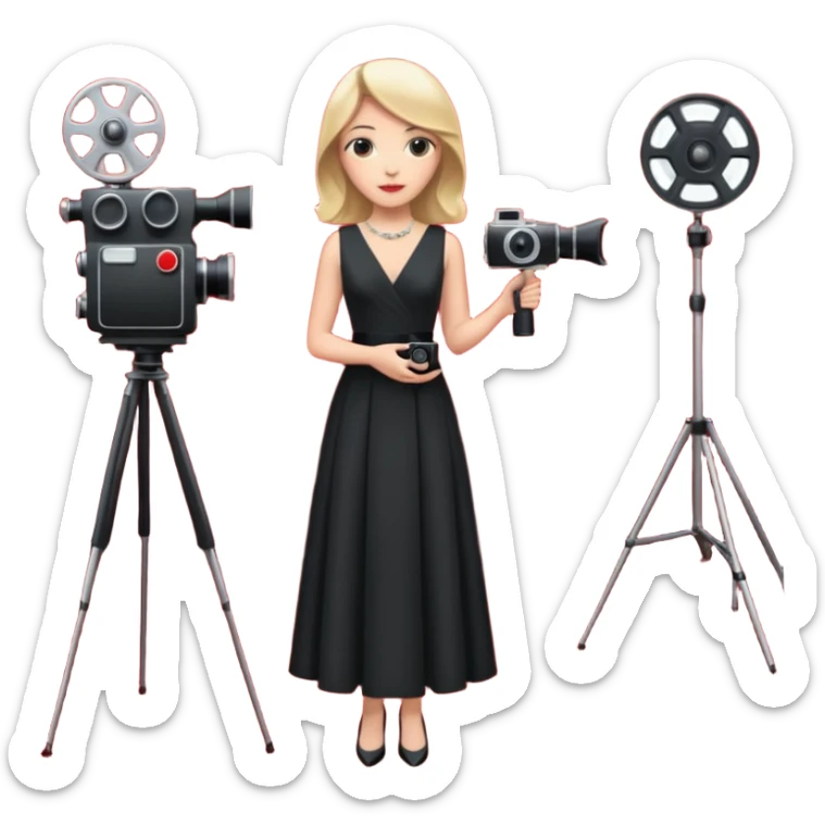 an actress standing on a red carpet with a formal dress, with a film camera next to her. sticker