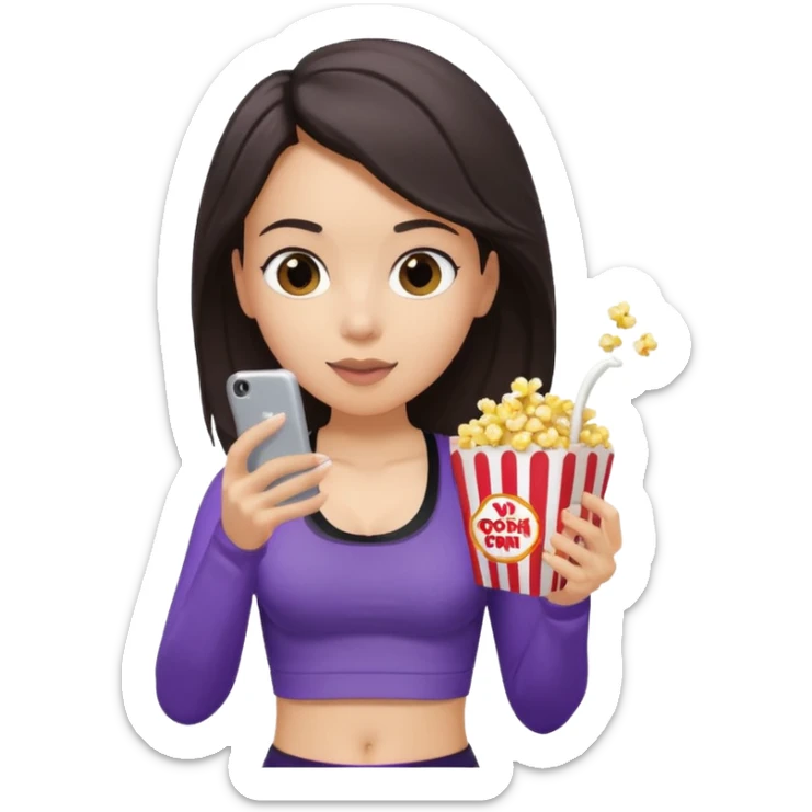 Brunette light skin girl with black sports bra and grey sweatpants on her phone while eating popcorn from a purple popcorn bag sticker