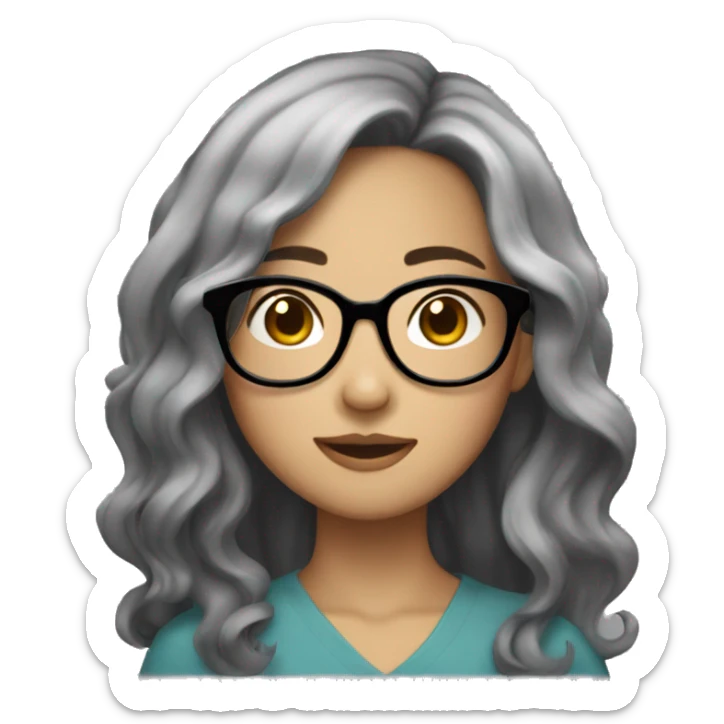 an asian girl with long black wavy hair with slightly tan skin and glasses sticker