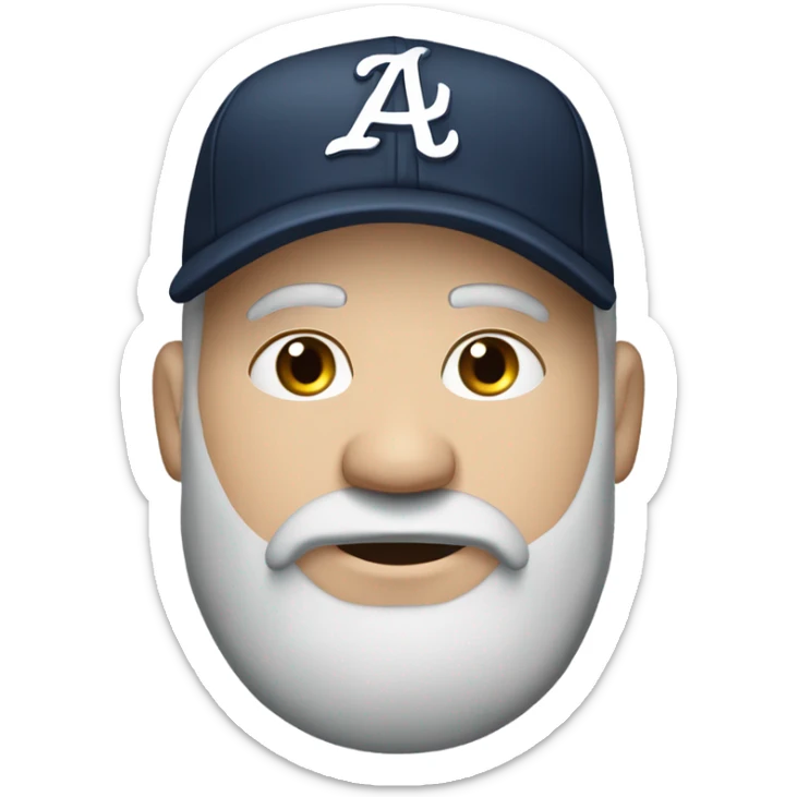 Fat bearded white man, greying beard,  hood, braves baseball cap, mouth agape, squinty eyes sticker