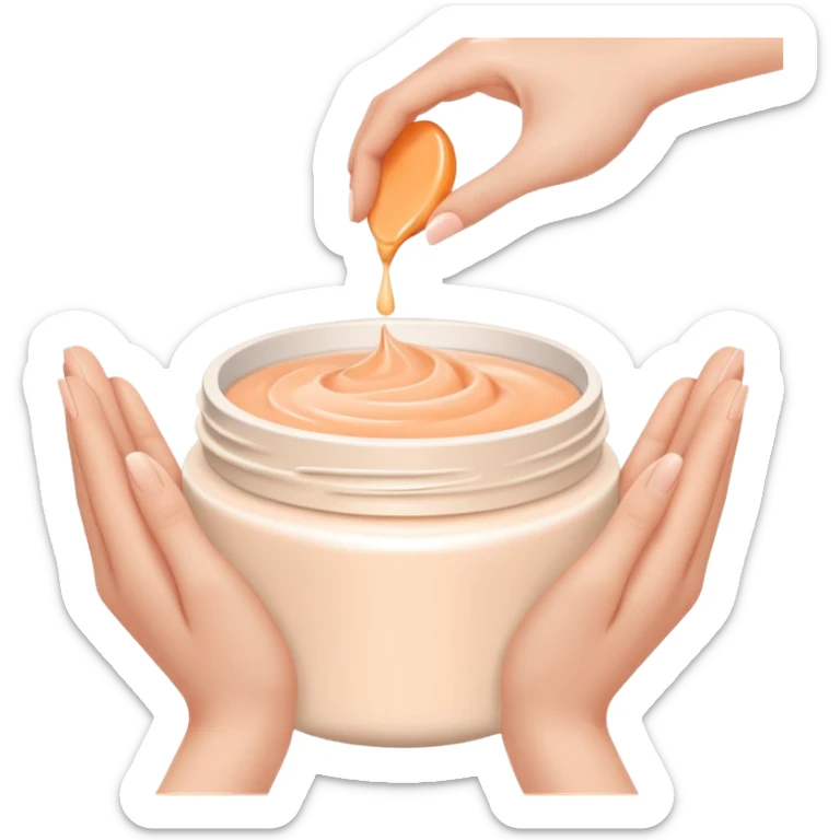 Minimal emoji of hands gently applying skincare cream, soft nude and peach tones, clean beauty aesthetic, calm and elegant, subtle glow sticker