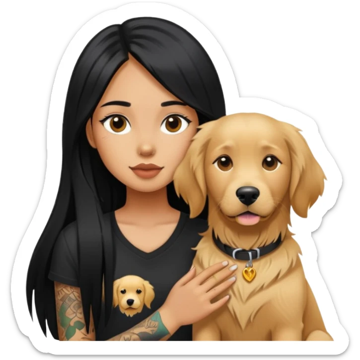 girl with long black  straight hair and tattoos and  a golden retriever sticker