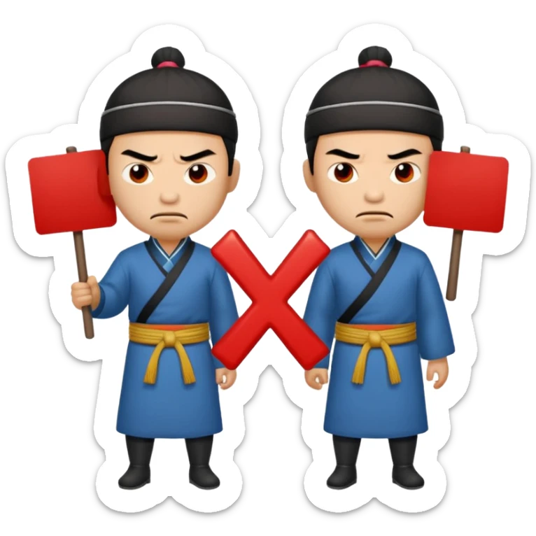 qing empire man who is of han ethnicity who looks angry that is holding a sign that has a red x on it to another man who is not han ethnicity who looks sad sticker