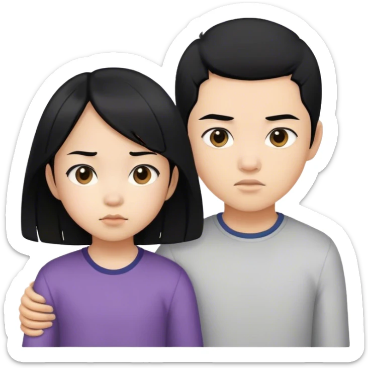 Emoji of a determined, North Korean defector, must be asian girl with her little brother, both must have black hair sticker