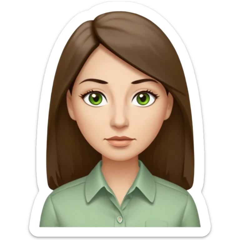 43 year old Adult woman avatar, light skin tone, long, oval face, long straight ashy brown hair, green almond-shaped eyes with dramatic eyelashes and minimal eyeliner, neutral mouth, medium straight eyebrows, average nose, smooth skin,  seersucker collared button down shirt sticker