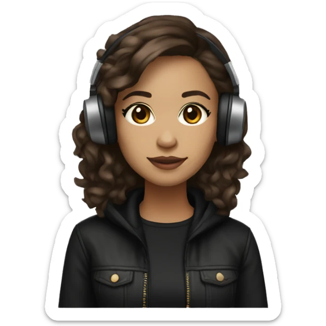 female dj, light skin, dark brown slightly wavy hair, black clothes, brown eyes sticker