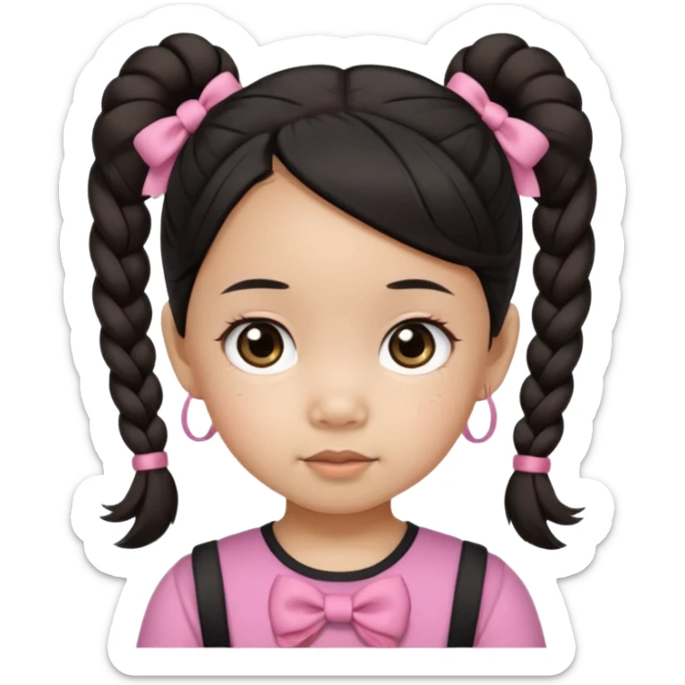 mixed toddler girl asian and american with bow pigtails, dark brown/black hair with big brown eyes emoji sticker
