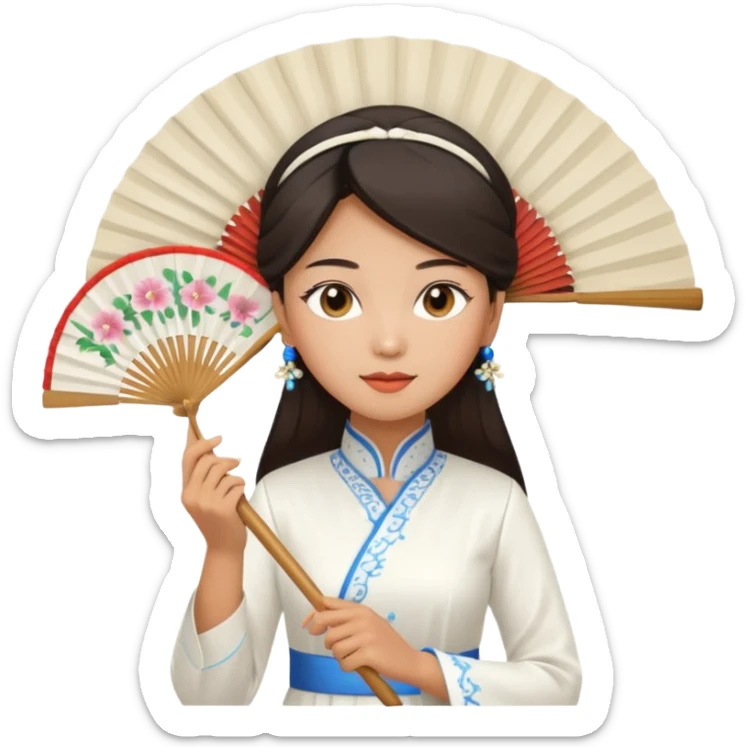 a vietnamese woman wearing a white ao dai holding a folding fan elegantly, wearing a nón lá sticker