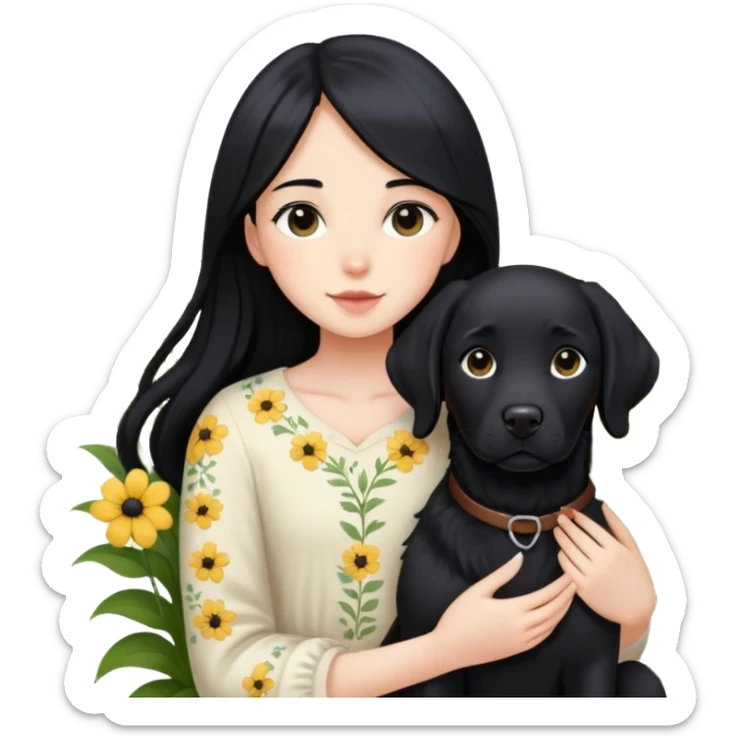 A girl with long black hair is holding a black Labrador in the flowers sticker