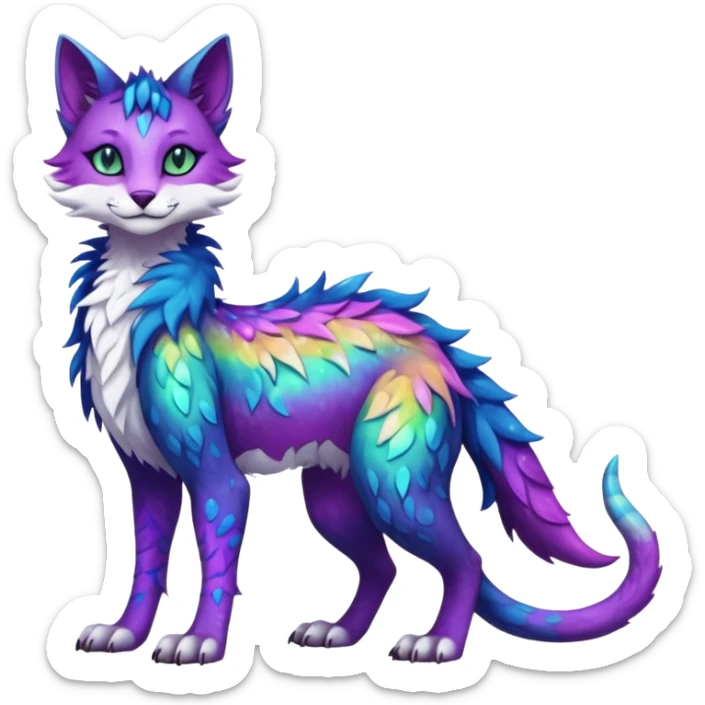Kawaii iridescent beautiful pretty elegant divine edgy fantasy feline-vernid-sergal-fursona-animal-creature with accessories, full body with intricate markings  sticker