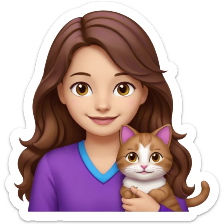 a girl with long wavy brown hair and brown eyes, wearing purple clothes, smiling with a three-color cat beside her, emoji style sticker