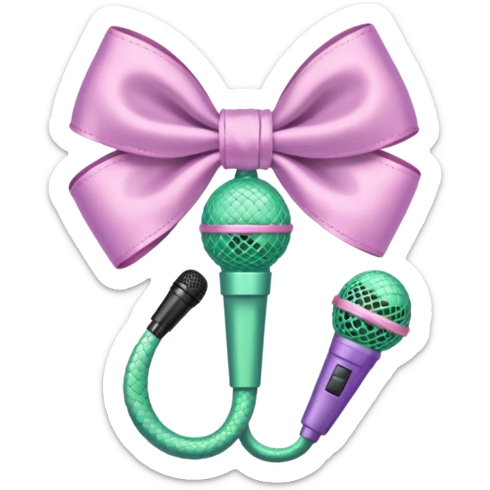 A pastel pink bow with a pastel green snake on the top of one side and a pastel purple microphone on the bottom of the other side sticker