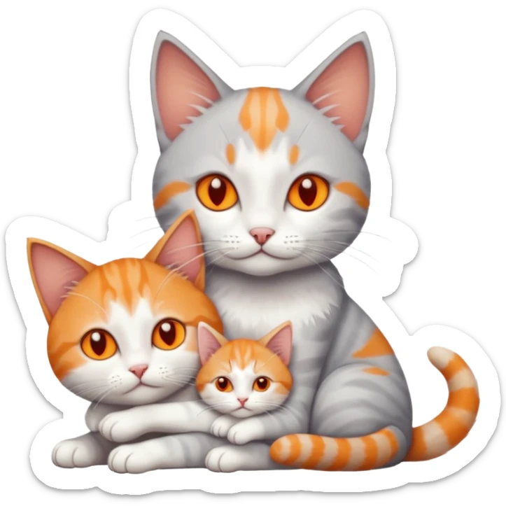 full body of a grey and white cat cuddling a very small + skinny ginger and white kitten with deep orange eyes and triangular shaped face lying down sticker