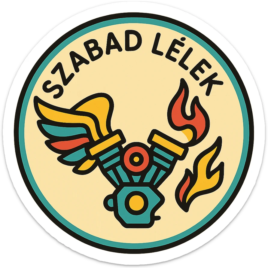 circular motorcycle cap design with the Hungarian phrase 'Szabad Lélek', featuring motorcycle motifs like wing, motor, flame, spiritual style sticker
