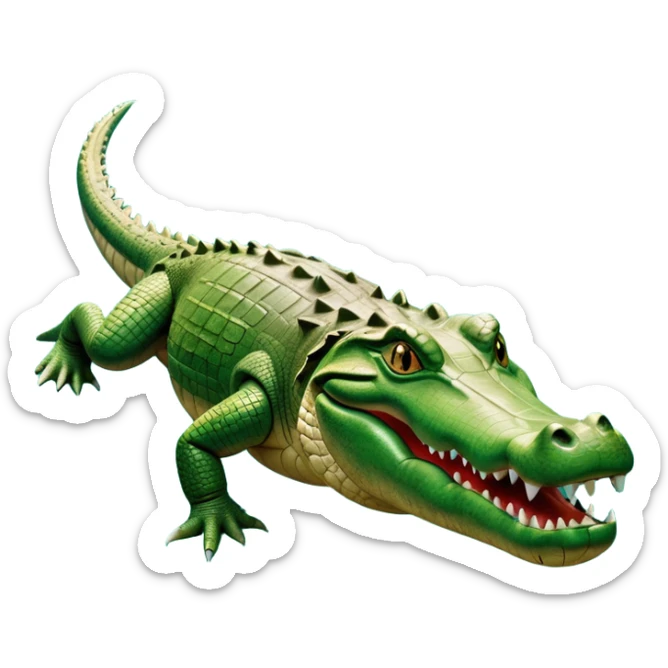 cinematic-crocodile-realistic-full-body-on all fours-emoji,-massive-scaled-body-partially-submerged-in-shallow-water,-head-tilted-dramatically,-rough-green-and-brown-hide-textured-with-deep-ridges,-simplified-yet-realistic-focused-features, head held high sticker