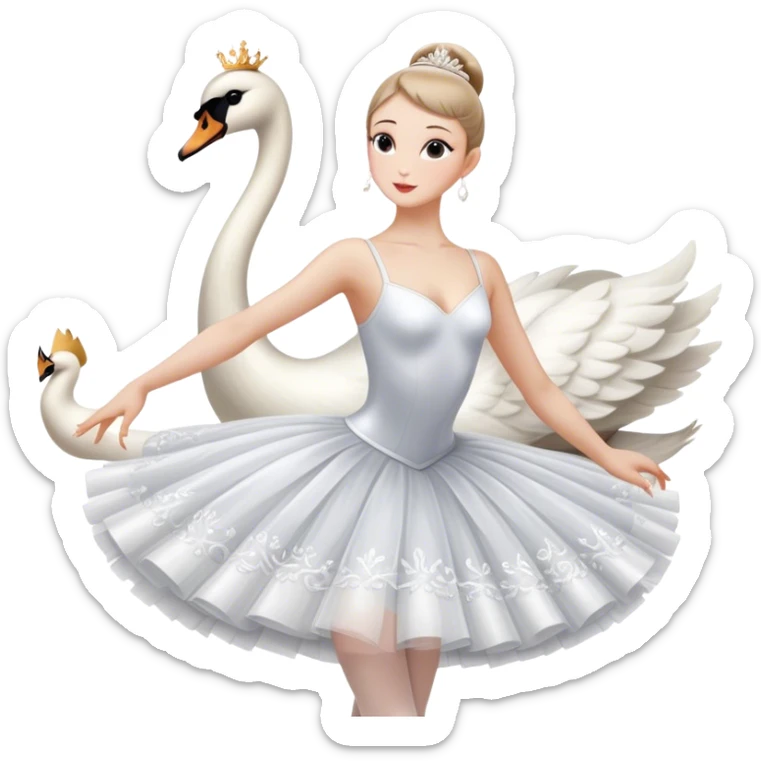 Icon for Ballet: a scene from Swan Lake, with a ballerina in a white tutu performing an elegant pose, surrounded by dramatic stage lighting and swan motifs. The icon should evoke the grandeur of the Bolshoi Theater stage. Transparent background. sticker