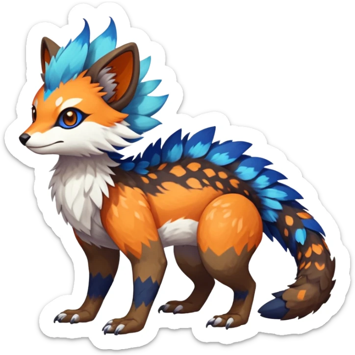 Rare realistic exotic brown beige white neon-orange dark-blues cute epic pretty beautiful handsome gorgeous aesthetic colorful vibrant Vernid-Trico-species-Fakemon-creature by LiLaiRa, 4 legs, 1 tail, random markings, (full body) sticker
