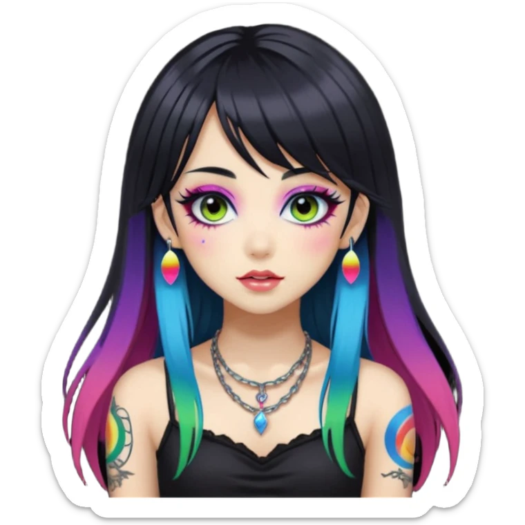 hime gyaru girl, long black hair with rainbow fringe, tattoos, dark makeup, goth grunge clothes sticker
