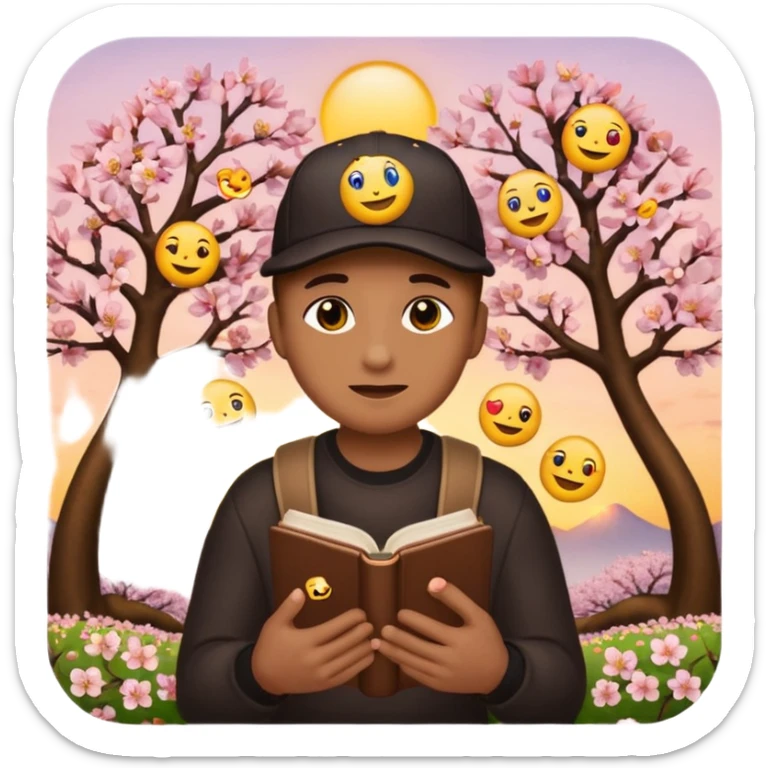 An emoji that loves emojis, holding an iphone with all of their thousands of emojis. They are sat between the setting sun and a cherry blossom tree reading a book on emojis. They have seven heads like a hydra and each head has a different baseball cap on, each with a different emoji on it.  sticker