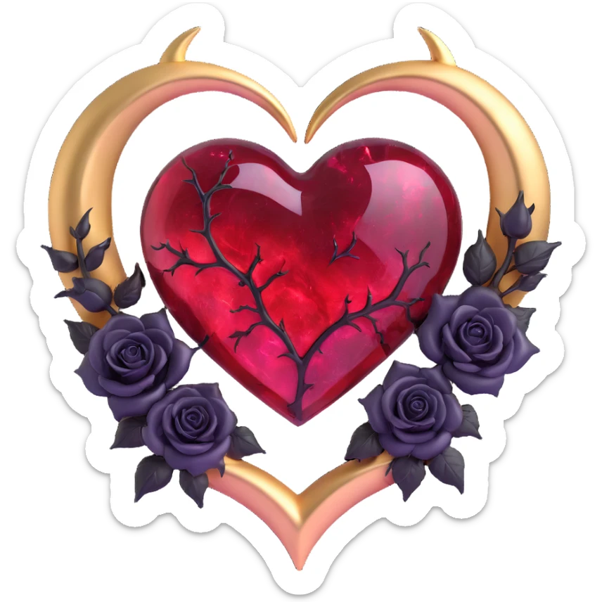 gothic heart made of blood red glass, gold crescent moon, black roses, iridescent stardust, neon pink lightning, wet and cracked glass sticker
