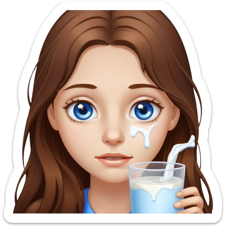 Blue eyed long brown hair girl with milk dripping off face sticker
