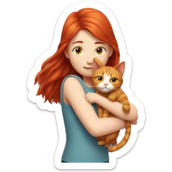 Red head girl hugs a cat of the same color  sticker