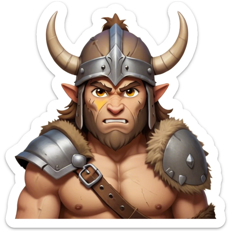 Clash of Clans aesthetic friendly Barbarian Portrait Emoji, Poised and bold with a rugged yet cartoonish build in tattered furs and a horned helmet, his face rendered in a natural skin tone (not yellow), expressive bright eyes and a confident smirk, Simplified yet dynamic features, highly detailed, glowing with a vivid, adventurous aura, high shine, heroic and spirited, stylized with an air of medieval warrior charm, focused and energetic, soft glowing outline, capturing the essence of a fearless barbarian adventurer ready to lead his clan with spirited valor! sticker