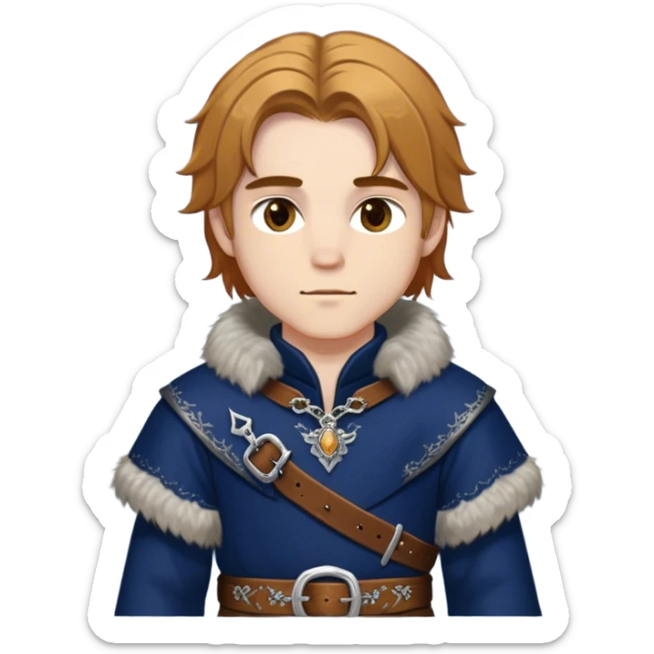 Medieval winter outfit worn by a DnD themed fantasy male character. Midnight blue felted wool tunic with silver fox fur collar, embellished with ornate metal clasps and a thick leather belt with decorative stitching. Clothes only above the waist, full waist coverage. The character has no arms. Character is white-skinned with honey brown hair, amber eyes, and shoulder-length straight hair with winter-weathered ends. sticker