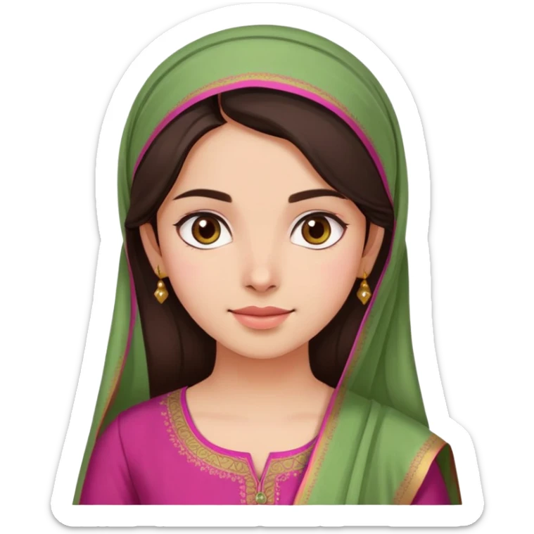 girl with light wheatish skin, dark brown hair, wearing dark pink kurti with sage green dupatta on head sticker